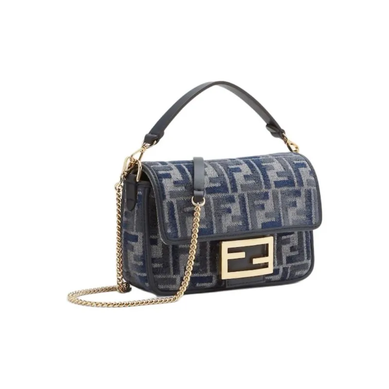 FENDI Baguette Cotton Shoulder Bag Crossbody Bag Handbag Mini Women's Dark Blue-1