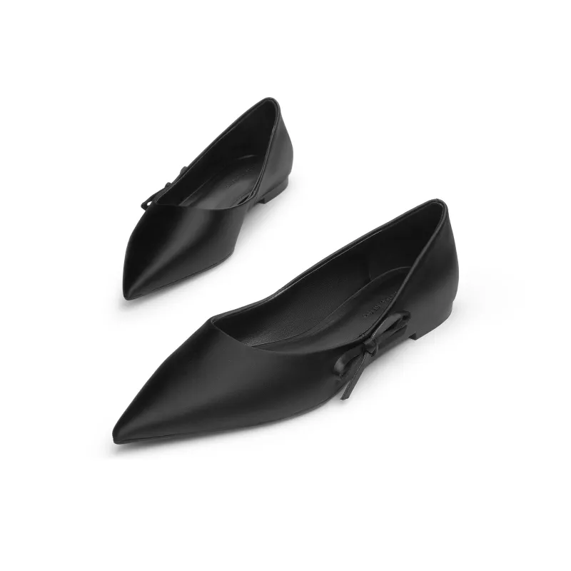 CHARLES&KEITH Small CK Bowknot New Chinese Style Casual Single Shoes 1cm Women's BLACK TEXTURED/Chalk White-2