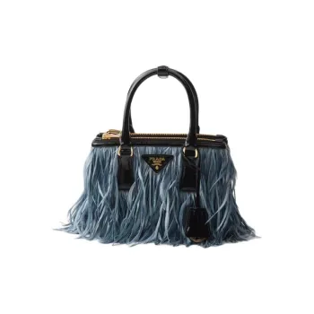 PRADA Leather With Feather Trim Shoulder Bag Crossbody Bag Handbag Mini Women's Cerulean Black