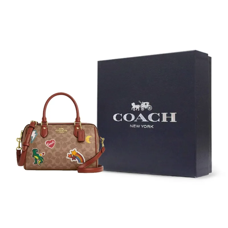 COACH Rowan Coated Canvas Shoulder Bag Crossbody Bag Handbag Medium Size Women's Tan Multicolor-4