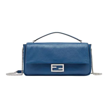 FENDI Baguette Calfskin Shoulder Bag Crossbody Bag Handbag Large Size Women's Blue