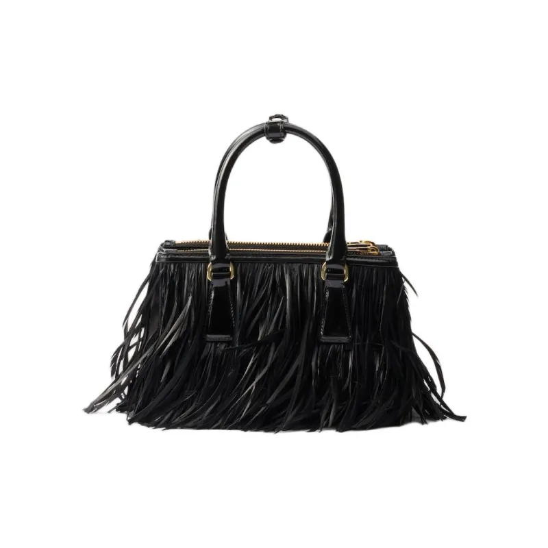 PRADA Galleria Killer Bag Leather With Feather Trim Shoulder Bag Crossbody Bag Handbag Mini Women's Black-3