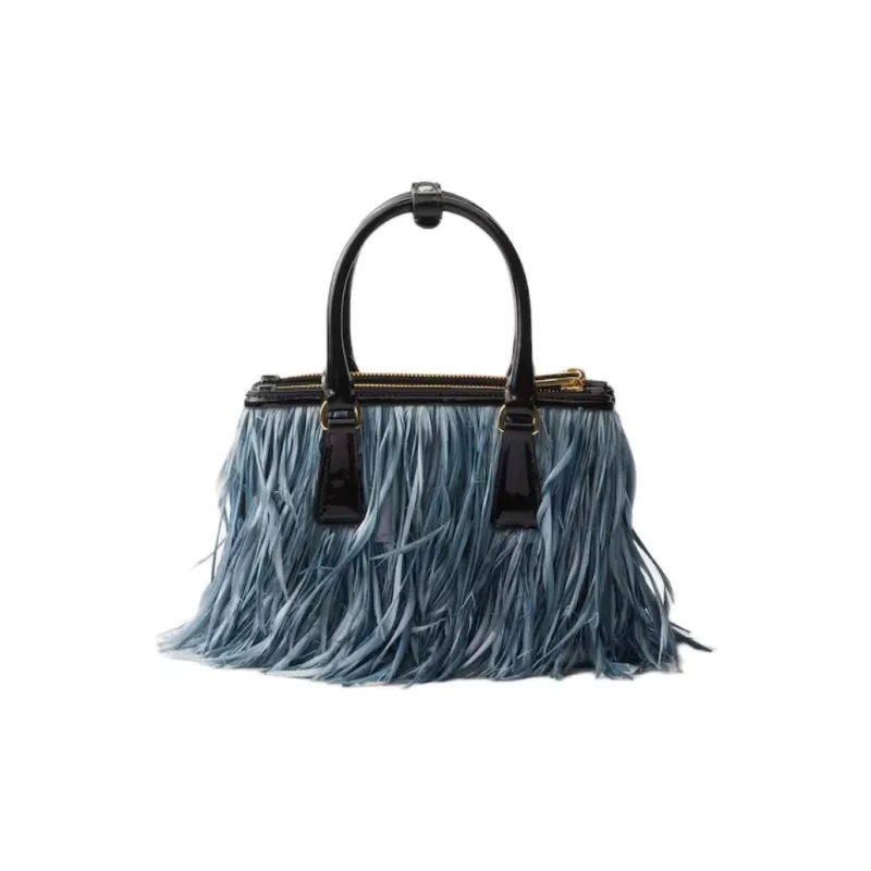 PRADA Leather With Feather Trim Shoulder Bag Crossbody Bag Handbag Mini Women's Cerulean Black-2