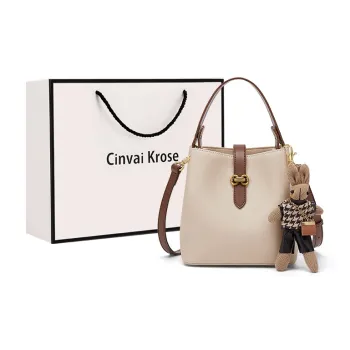 Simvay Clos Cow Leather With Synthetic Leather Shoulder Bag Crossbody Bag Portable Bucket Bag Small Size Women's Ecru