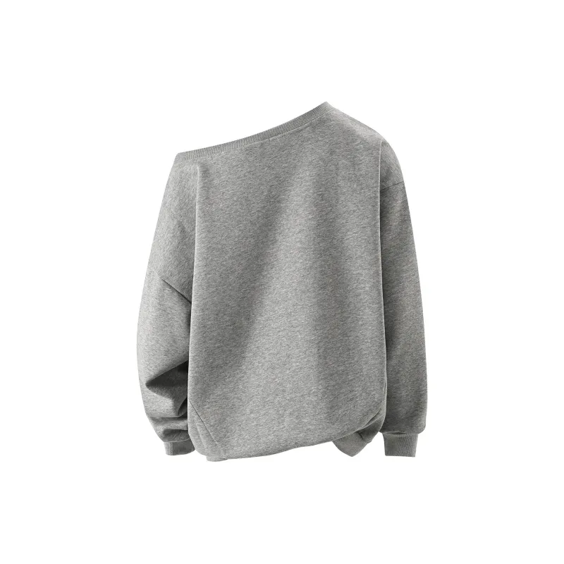 PAZZO American Asymmetrical Shoulder Letter Design Long Sleeve Sweatshirt Women's Heather Gray-1