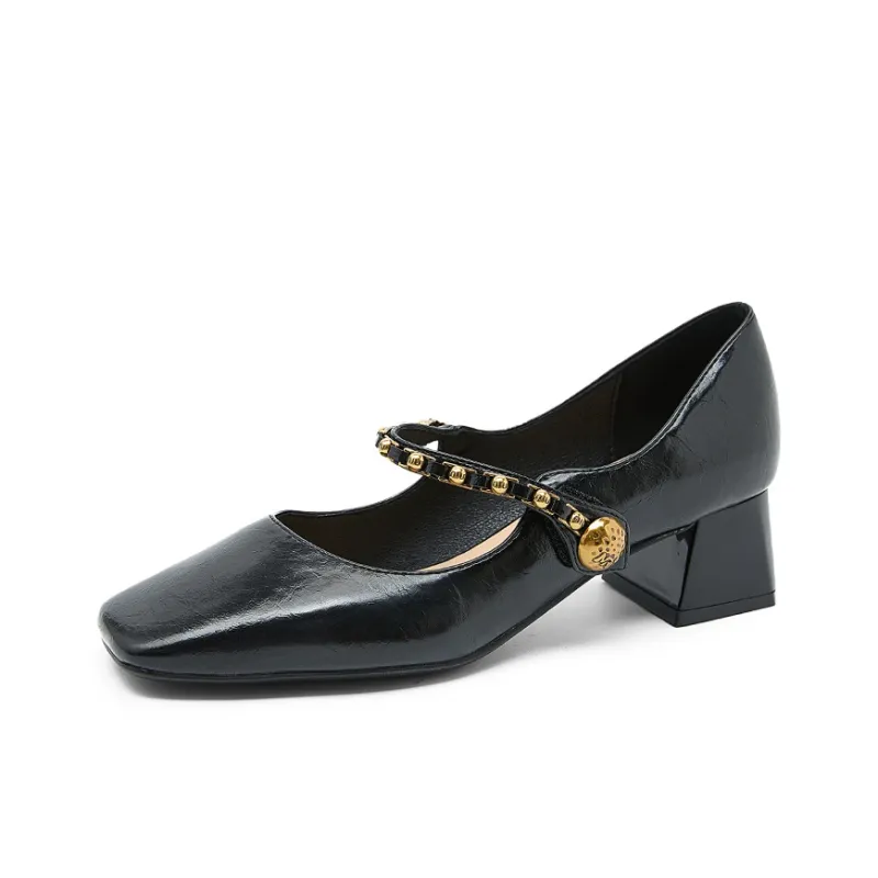 WESTLINK Square Toe Chunky Heel Retro Texture Metal Chain Mary Jane High Heels Unlined Shoes Women's-1