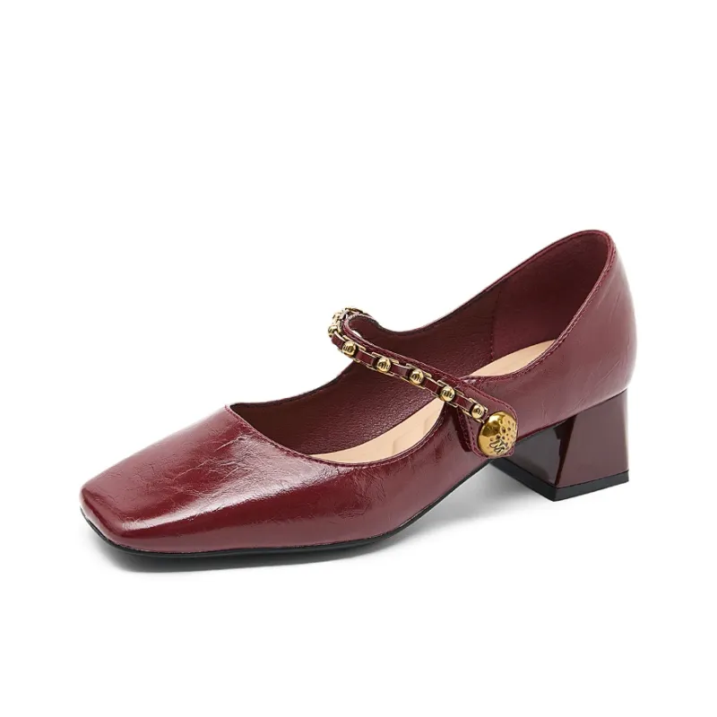 WESTLINK Square Toe Chunky Heel Retro Texture Metal Chain Mary Jane High Heels Unlined Shoes Women's-8