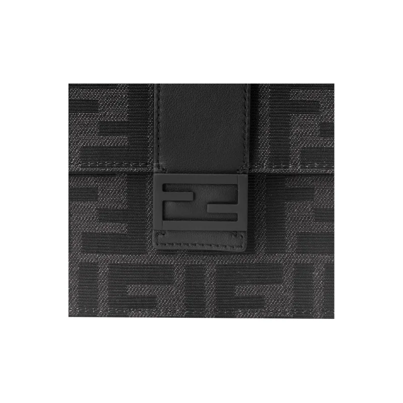 FENDI Jacquard Canvas With Leather Canvas Bag, Baguette Bag, Clutch, Crossbody Bag Regular Men's Black/Dark Gray-7