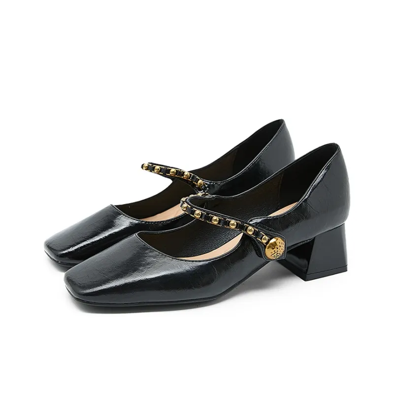 WESTLINK Square Toe Chunky Heel Retro Texture Metal Chain Mary Jane High Heels Unlined Shoes Women's-2