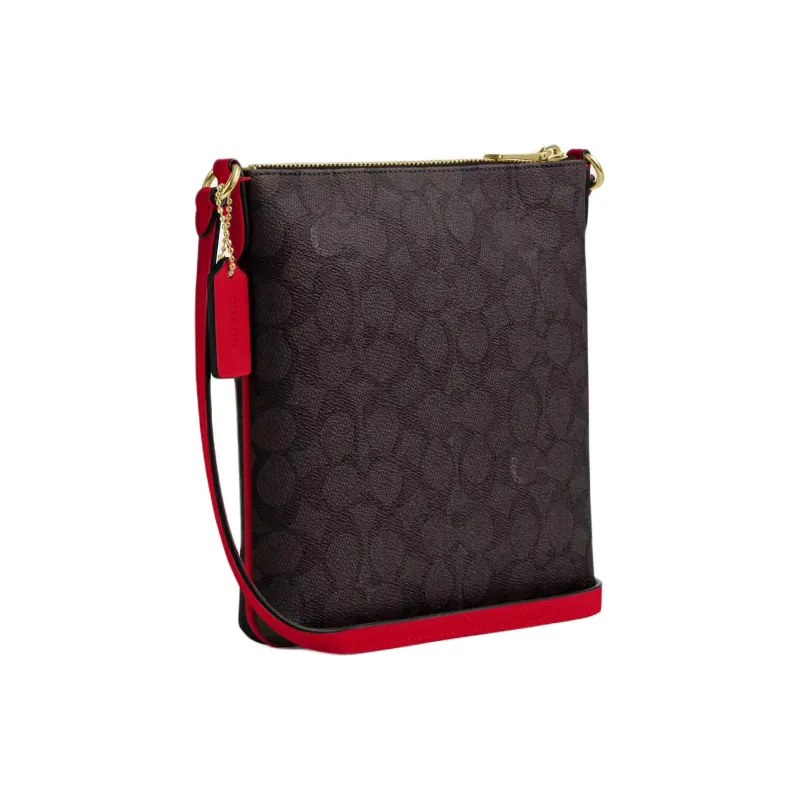 COACH Rowan Coated Canvas Shoulder Bag, Crossbody Bag Mini Women's Walnut Wood & Red-1