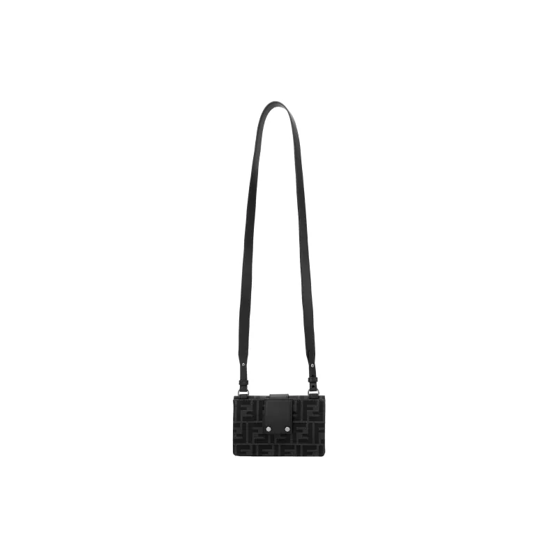 FENDI Jacquard Canvas With Leather Canvas Bag, Baguette Bag, Clutch, Crossbody Bag Regular Men's Black/Dark Gray-4