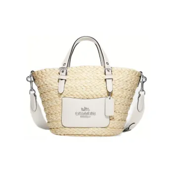 COACH Straw Woven With Leather Tote Bag Shopping Bag Shoulder Bag Crossbody Bag Handbag Small Size Women's Beige Yellow