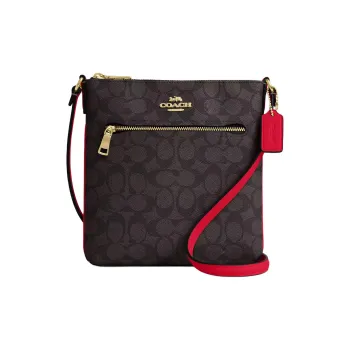 COACH Rowan Coated Canvas Shoulder Bag, Crossbody Bag Mini Women's Walnut Wood & Red