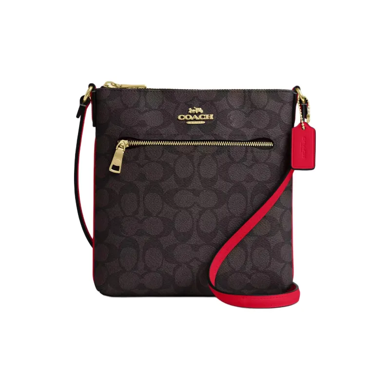COACH Rowan Coated Canvas Shoulder Bag, Crossbody Bag Mini Women's Walnut Wood & Red-0