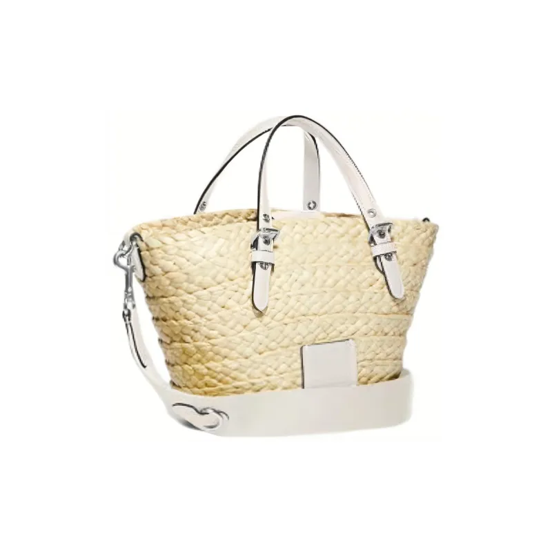 COACH Straw Woven With Leather Tote Bag Shopping Bag Shoulder Bag Crossbody Bag Handbag Small Size Women's Beige Yellow-1