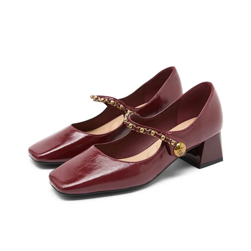 WESTLINK Square Toe Chunky Heel Retro Texture Metal Chain Mary Jane High Heels Unlined Shoes Women's-9