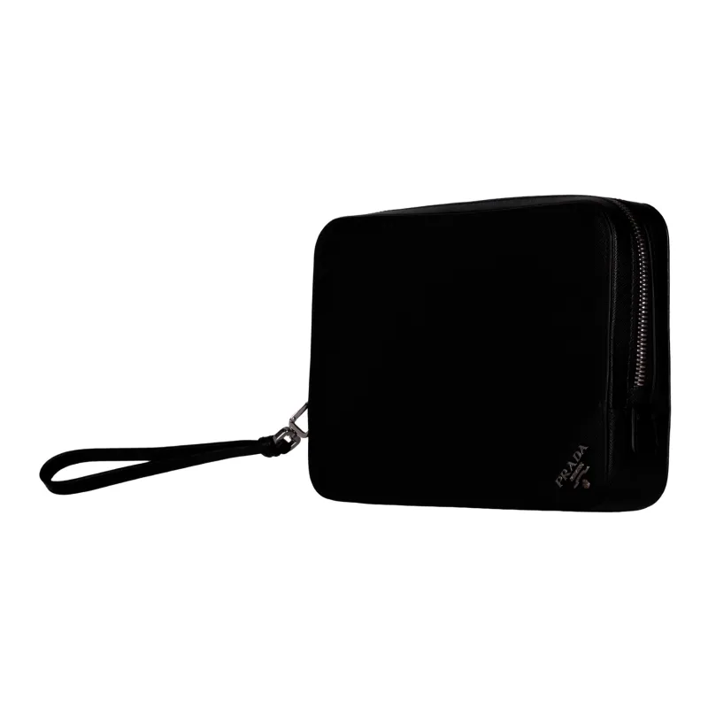 PRADA Cow Leather Clutch Men's Black-3
