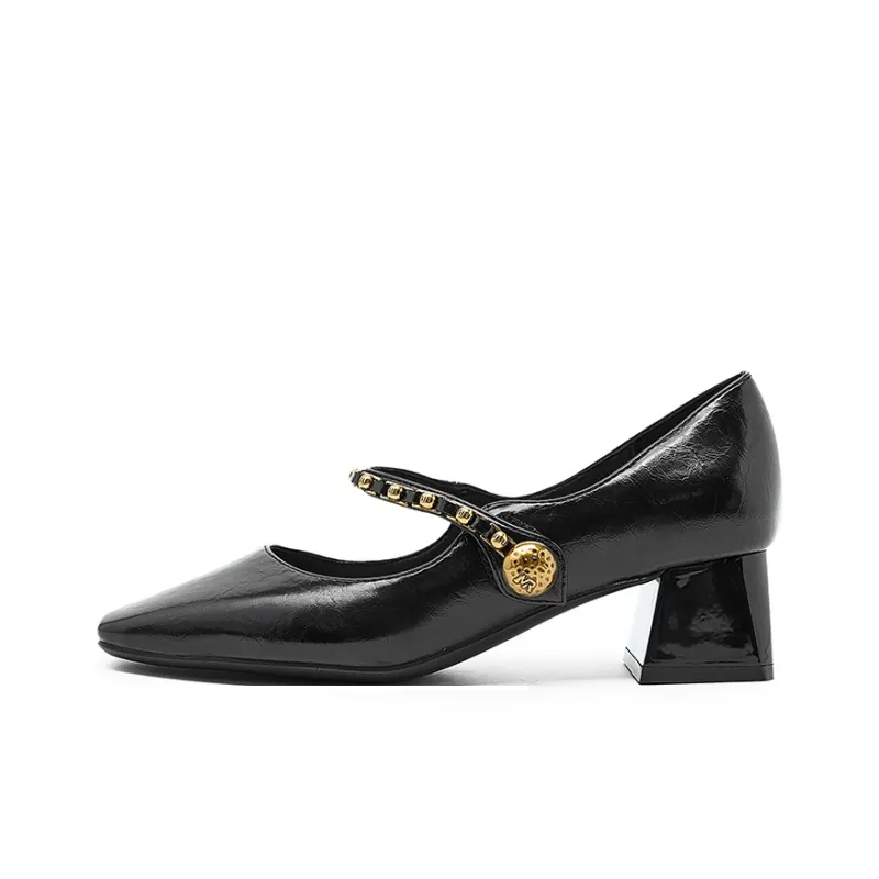 WESTLINK Square Toe Chunky Heel Retro Texture Metal Chain Mary Jane High Heels Unlined Shoes Women's-0