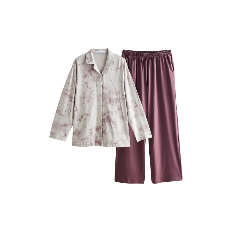 Same Language Pajama Set Spring And Fall Women's Purple Cloud Gray-0