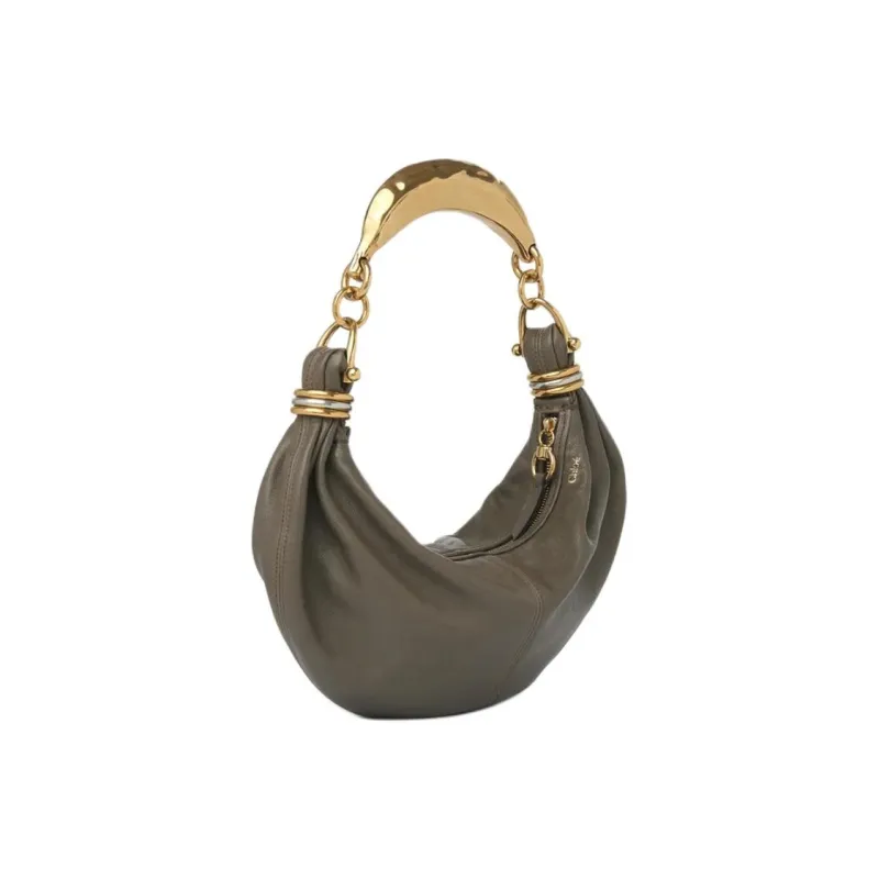Chloe Grain Buffalo Leather Hobo Bag, Handbag, Shoulder Bag Trumpets Women's Gray-1