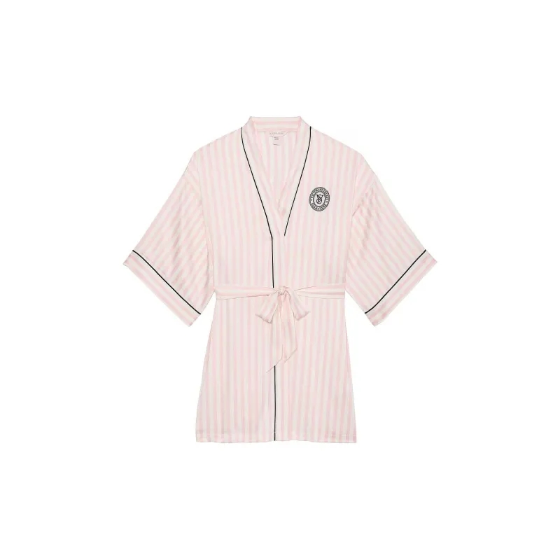 Victoria's Secret Satin Short Piped Robe / Pink Iconic Strape Pajama Robe Women's Pink-0
