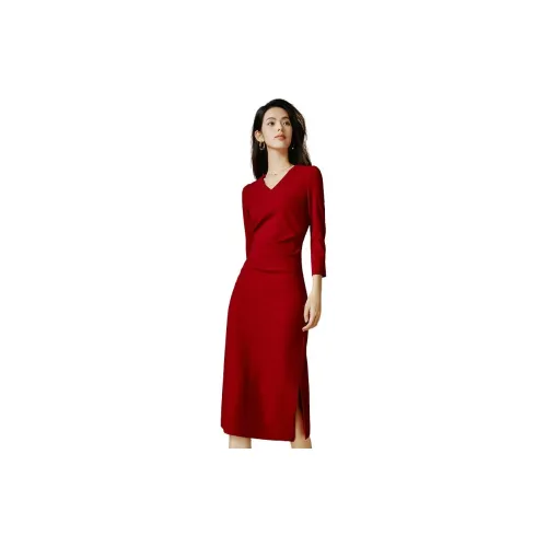 Late White Long-Sleeved Dresses Women's Red