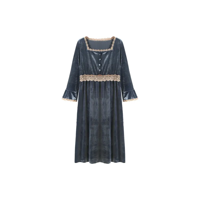 Flowers In Water Pleuche Nightgown Home Dress Women's Gray Blue-1