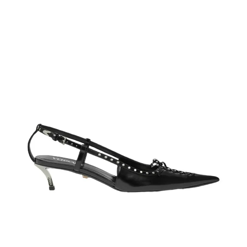 VERSACE Slim Heel Mid Low Heel Shoes Women's Black-1