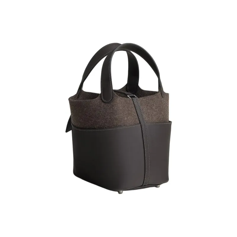 HERMES Picotin Lock Swift Calfskin With Felt Basket Bag, Bucket Bag, Handbag 18 Women's Black & Brown-2