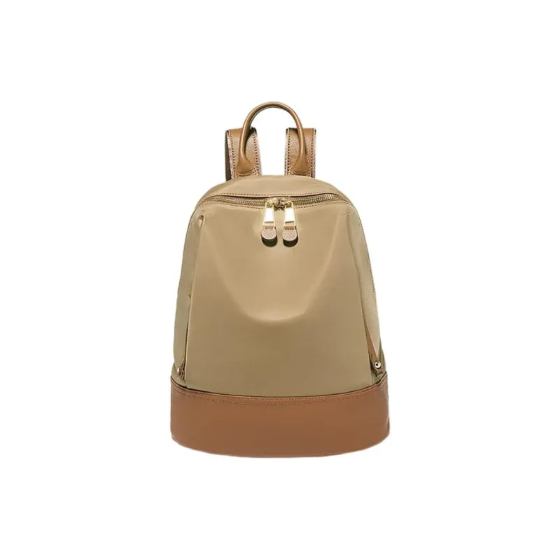 Marino Orlandi Fabric With Leather Patchwork Nylon Fabric Backpack Medium Size Women's Black/Khaki/Apricot-30