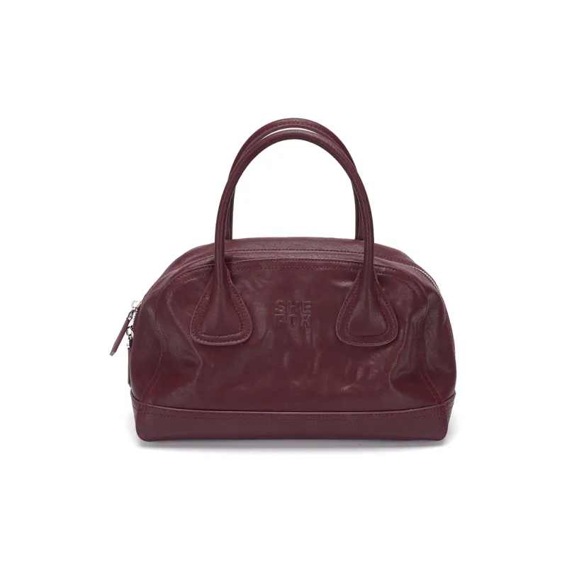 SHEPOK Vegetable Tanned Cow Leather Bowling Bag Shoulder Bag Handbag Women's Coffee/Black/Burgundy/China Red-1