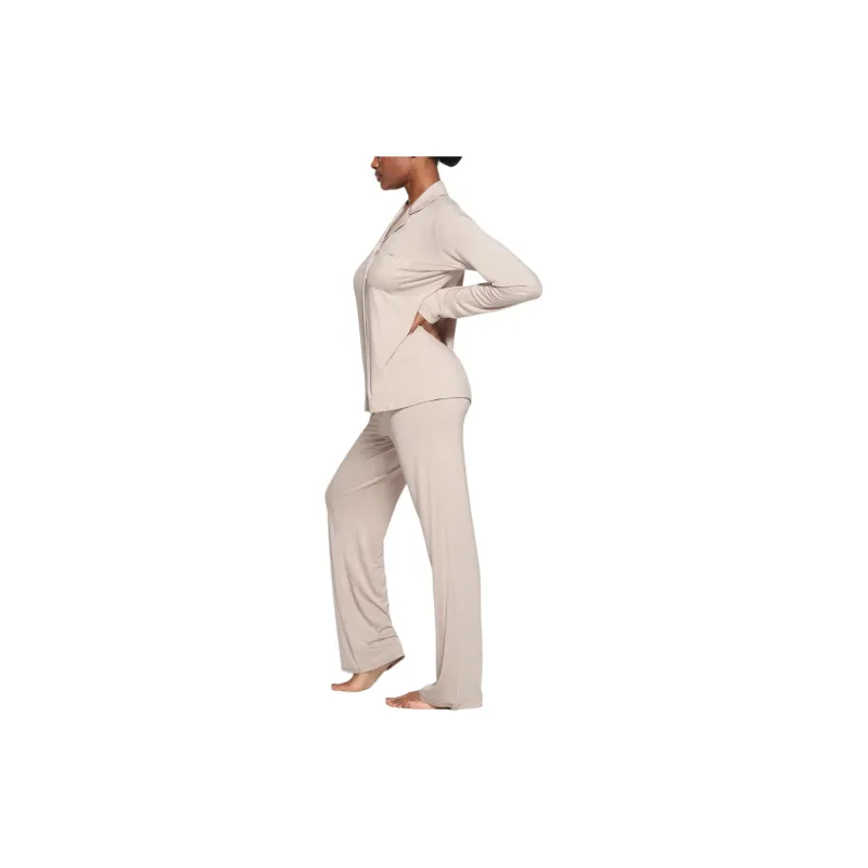 SKIMS SLEEP LONG SLEEVE BUTTON UP SET Pajama Set Women's STONE/Stone Color-3