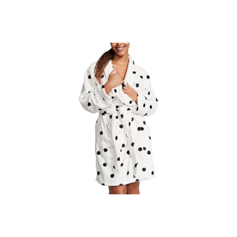 Victoria's Secret Short Cozy Robe/Black & White Sweet Dot Pajama Robe Bathrobe Women's White Black-1