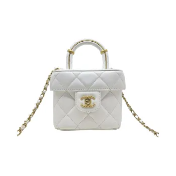 CHANEL Lambskin Portable One Shoulder Crossbody Makeup Bag Trumpets Women's White