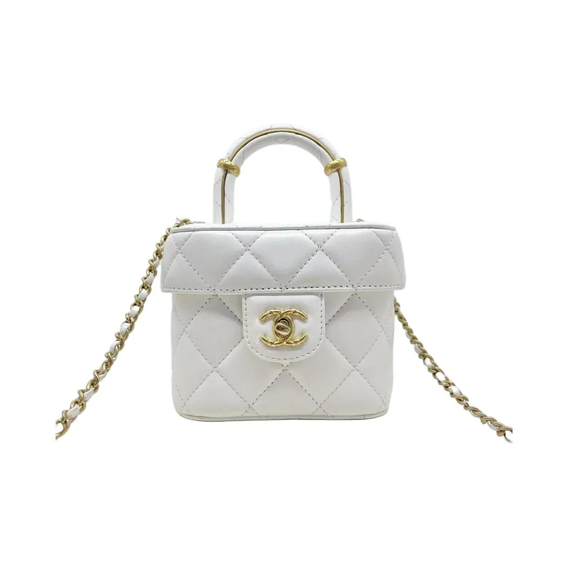 CHANEL Lambskin Portable One Shoulder Crossbody Makeup Bag Trumpets Women's White-0