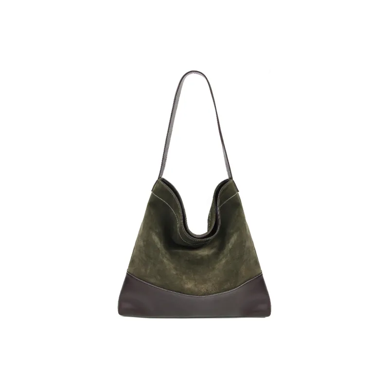 YOCAMU Cow Leather Tote Bag, Shopping Bag, Handbag, Shoulder Bag Regular Unisex Moss Green/Orange Brown-0