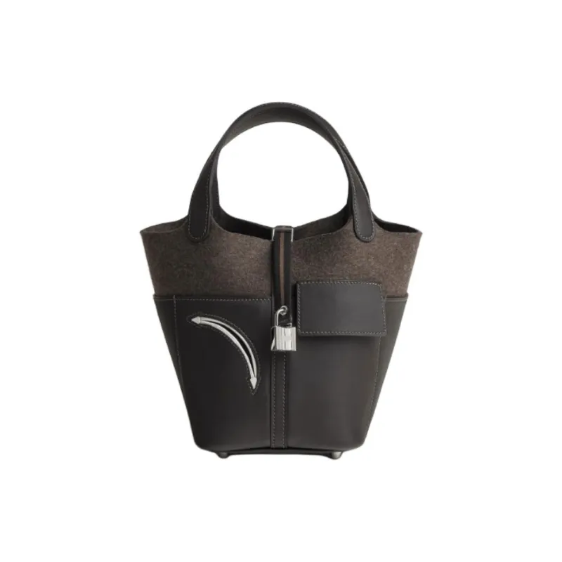 HERMES Picotin Lock Swift Calfskin With Felt Basket Bag, Bucket Bag, Handbag 18 Women's Black & Brown-0