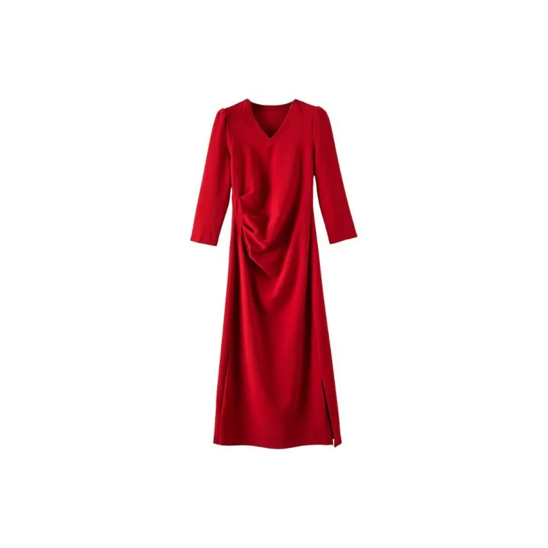 Late White Long Sleeved Dress Women's Red-1
