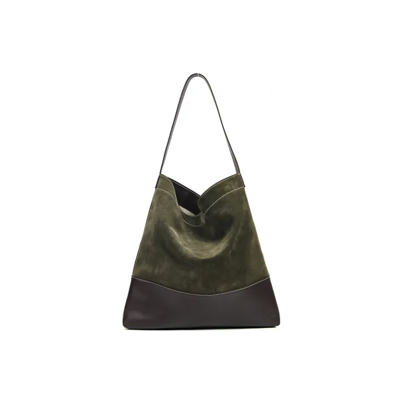 YOCAMU Cow Leather Tote Bag, Shopping Bag, Handbag, Shoulder Bag Regular Unisex Moss Green/Orange Brown-1