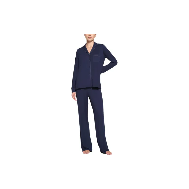SKIMS SLEEP LONG SLEEVE BUTTON UP SET Pajama Set Women's NAVY/Marine Blue-1