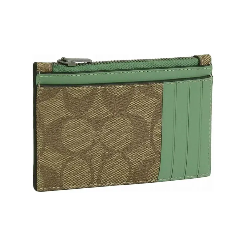 COACH Card Case Signature Coated Canvas With Exquisite Calfskin Wallet Mini Men's Khaki & Light Green-1