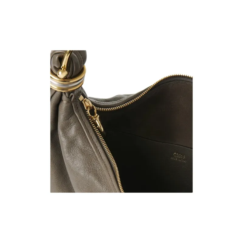 Chloe Grain Buffalo Leather Hobo Bag, Handbag, Shoulder Bag Trumpets Women's Gray-3