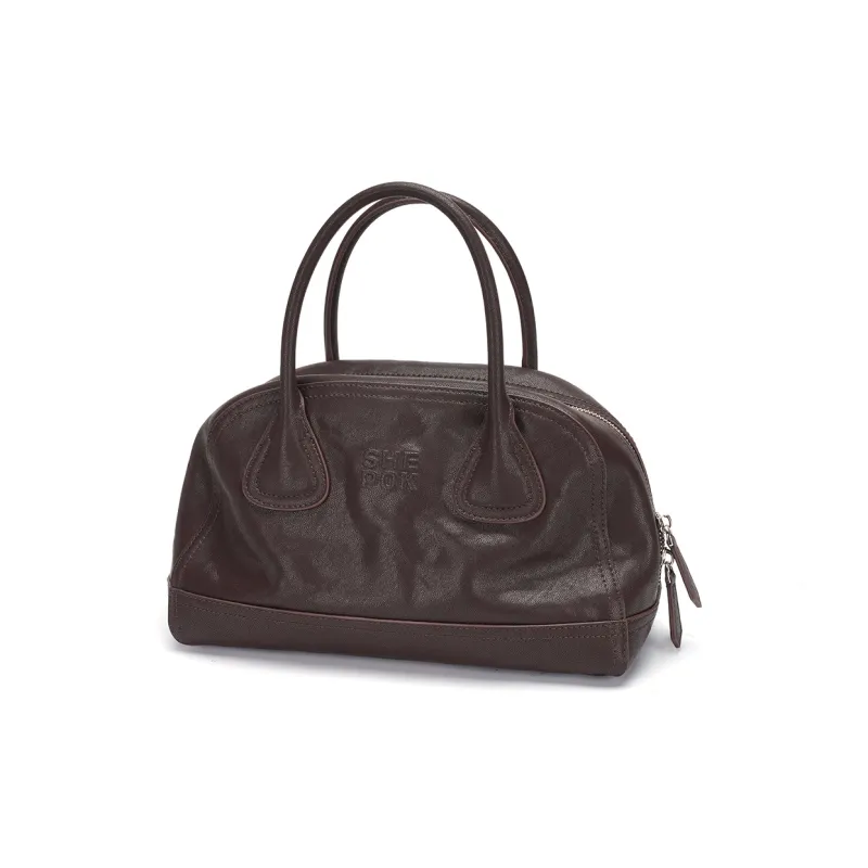 SHEPOK Vegetable Tanned Cow Leather Bowling Bag Shoulder Bag Handbag Women's Coffee/Black/Burgundy/China Red-4