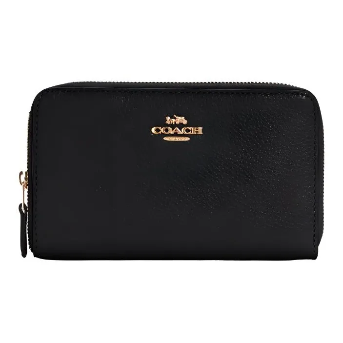 COACH Zip Around Leather Circumferential Zip Closure Wallet Card Holder Medium Size Women's Pure Black-0