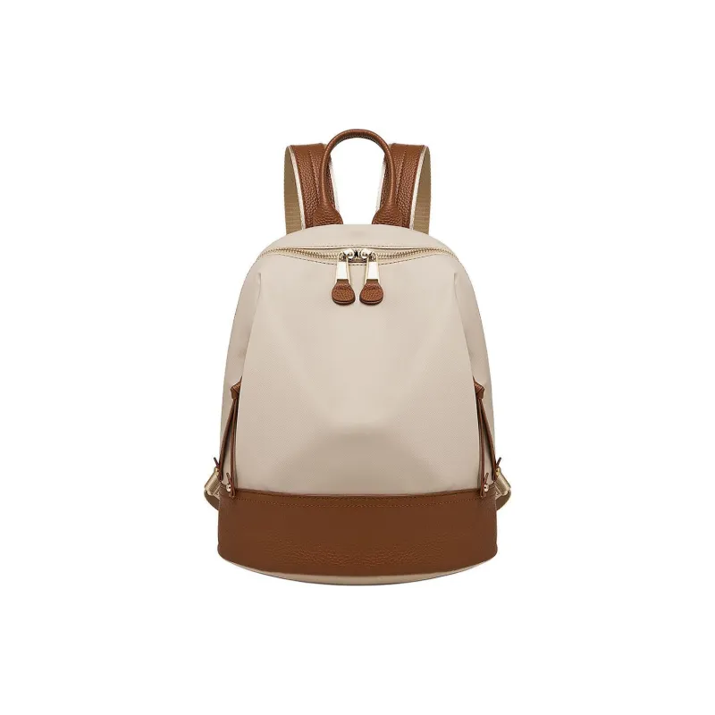 Marino Orlandi Fabric With Leather Patchwork Nylon Fabric Backpack Medium Size Women's Black/Khaki/Apricot-40