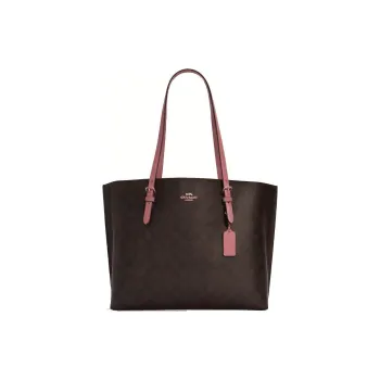 COACH Mollie Leather Tote Bag, Shopping Bag, Handbag, Shoulder Bag Tubas Women's Dark Brown & Cherry Blossom Pink