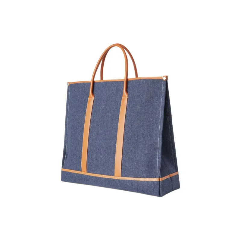 Loro Piana Cotton And Linen Blend Tote Bag Shopping Bag Handbag Large Size Men's Wave Blue-1