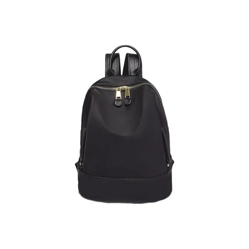 Marino Orlandi Fabric With Leather Patchwork Nylon Fabric Backpack Medium Size Women's Black/Khaki/Apricot-25