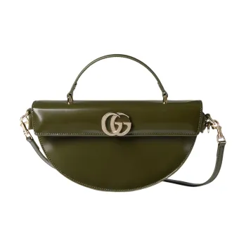 GUCCI Shiny Leather Shoulder Bag, Crossbody Bag, Handbag Trumpets Women's Dark Olive Green