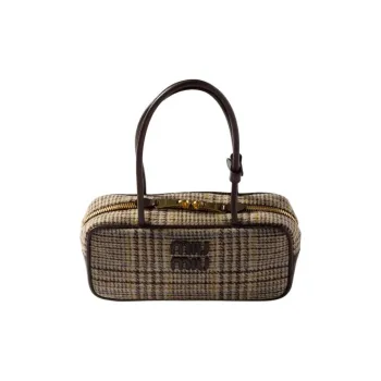 MIU MIU Plaid Patch Leather Handbag Women's Cocoa Brown
